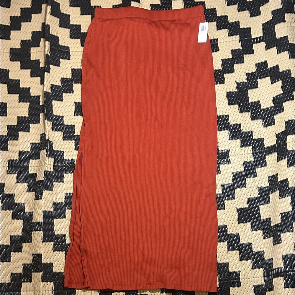 Ribbed Knit Burnt Orange Pencil Skirt with Side Slit